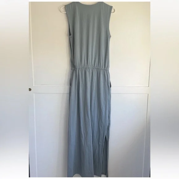 Pact Organic Cotton Relaxed Slub Tank Maxi Dress Small Side Slits Pockets Slate - Picture 2 of 8